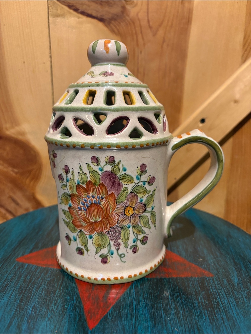Hand-Painted Floral Ceramic Candle Lantern in Cream with Orange & Green Accents